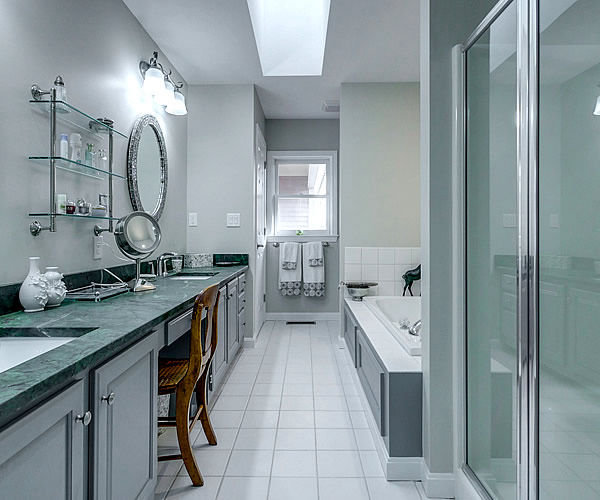 Cabinetry by SM Hall - Bedford Transitional Bathroom - White Shaker Cabinets, Grey Cabinets, Verde Fantastico Quartzite