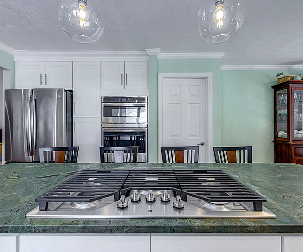 Cabinetry by SM Hall - Bedford Transitional Kitchen - White Shaker Cabinets, Grey Cabinets, Verde Fantastico Quartzite