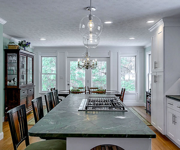 Cabinetry by SM Hall - Bedford Transitional Kitchen - White Shaker Cabinets, Grey Cabinets, Verde Fantastico Quartzite